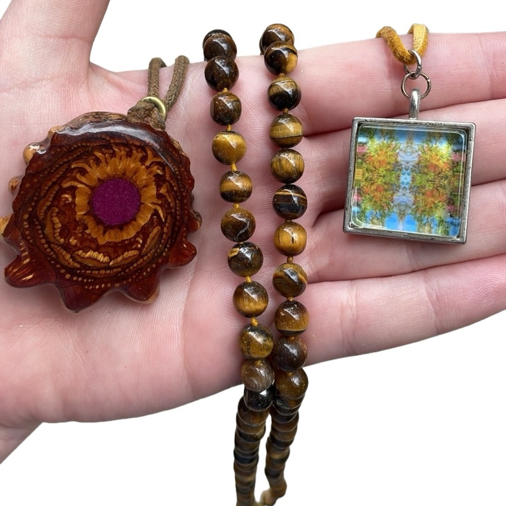 Third Eye Pinecone Pendant and Tigers Eye Beaded Necklace Festival Bundle
